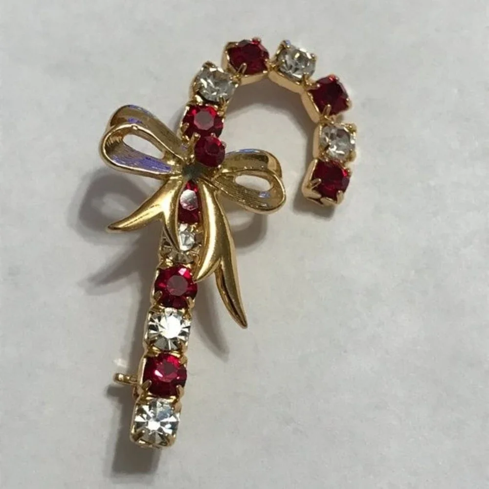 EISENBERG ICE Gold Tone Christmas Holiday Candy Cane VINTAGE Brooch‎ Rhinestones